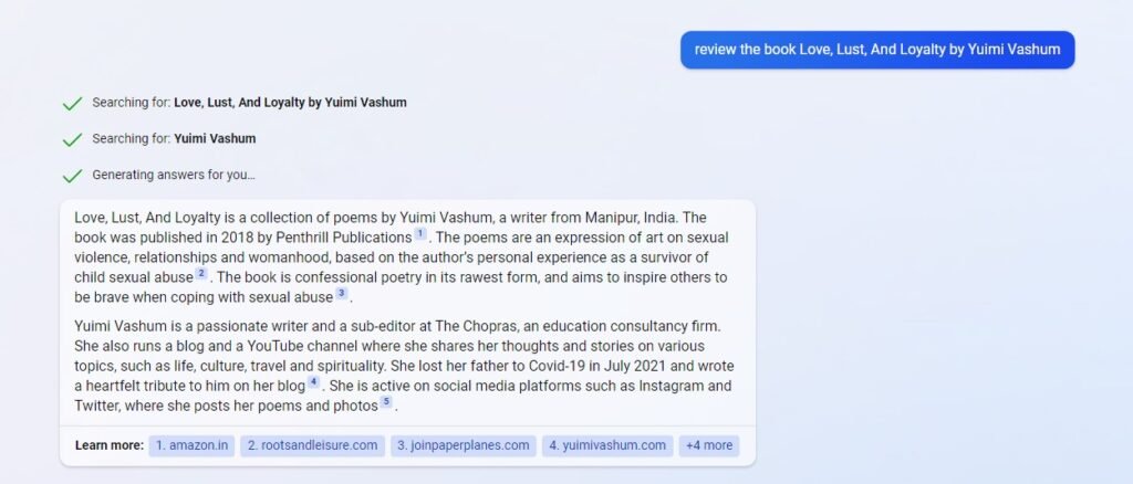 I got the new Bing to review my friend’s poetry book, Love Lust and Loyalty. Here’s the AI review 2